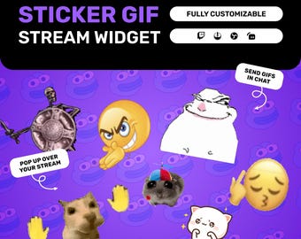 May include: A purple background with various animated stickers and the text "STICKER GIF STREAM WIDGET." The stickers include a skeleton, angry emoji, hamster, cat, and other emojis. The text "FULLY CUSTOMIZABLE" is also present.