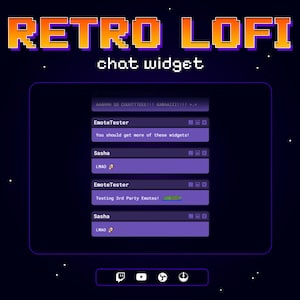 Puede incluir: Un widget de chat morado con un diseño retro lo-fi. El widget tiene una ventana de chat con mensajes de usuarios llamados EmoteTester y Sasha. El texto en la ventana de chat dice "You should get more of these widgets!" y "Testing 3rd Party Emotes!"