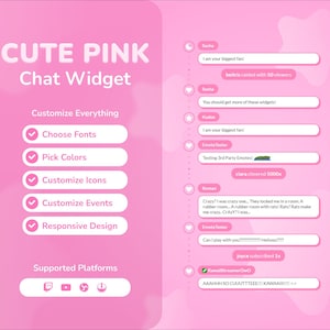 Könnte beinhalten: Rosa Grafik für ein "Cute Pink Chat Widget". Anpassungsoptionen: Schriftarten, Farben, Icons, Events und responsives Design. Chat-Blasen mit Kommentaren und Plattform-Icons.