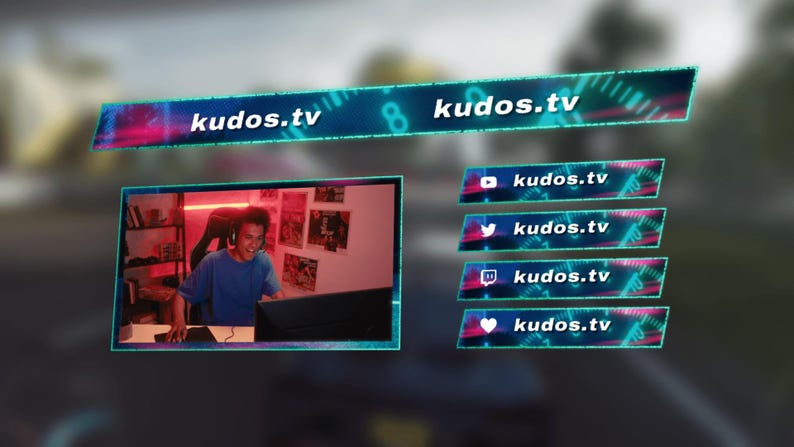 May include: A blue and pink digital screen display with the text "kudos.tv" and a video of a person in a blue shirt sitting in front of a computer. Below the video are four social media icons with the text "kudos.tv" next to each icon.