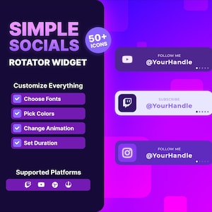 Könnte beinhalten: Digitalgrafik mit "SIMPLE SOCIALS ROTATOR WIDGET" und "50+ ICONS". Anpassungsoptionen wie Schriftarten und Farben werden hervorgehoben. Social-Media-Icons und Handles in Lila und Weiß.