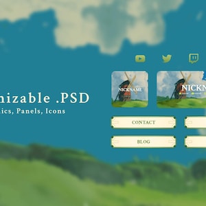 Puede incluir: Plantilla PSD personalizable para gr&aacute;ficos de perfil, paneles e iconos. La plantilla presenta un cielo azul con nubes blancas, hierba verde y un molino de viento. El texto "NICKNAME" aparece dos veces en la plantilla.