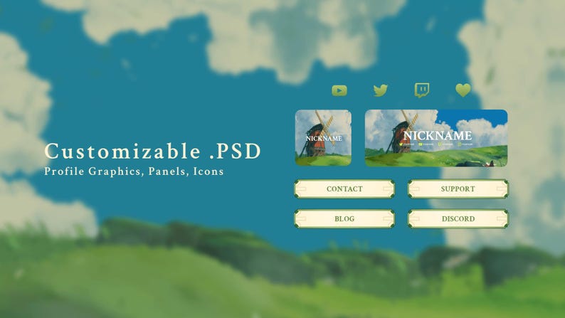 Puede incluir: Plantilla PSD personalizable para gr&aacute;ficos de perfil, paneles e iconos. La plantilla presenta un cielo azul con nubes blancas, hierba verde y un molino de viento. El texto "NICKNAME" aparece dos veces en la plantilla.