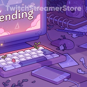 May include: A purple and pink computer screen with the word "ending" displayed. The computer is on a desk with a keyboard, a phone, a notebook, a camera, and a glass of boba tea.