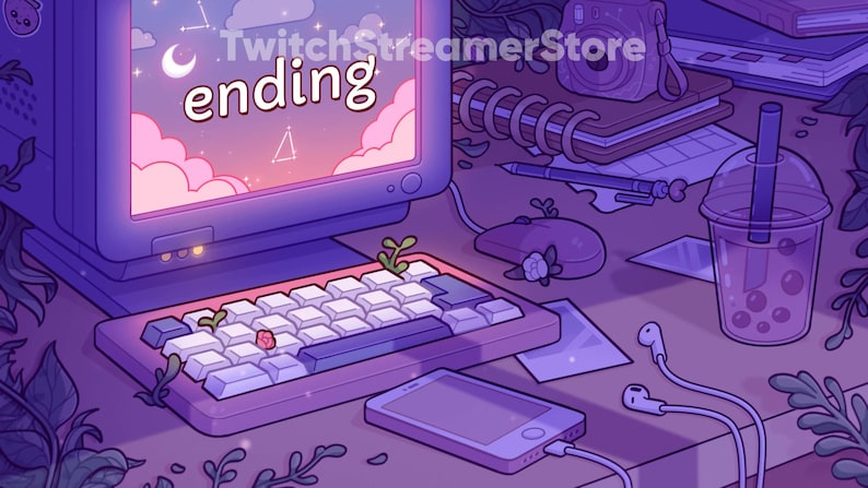May include: A purple and pink computer screen with the word "ending" displayed. The computer is on a desk with a keyboard, a phone, a notebook, a camera, and a glass of boba tea.