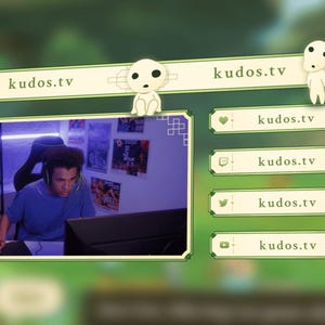 Puede incluir: Un gr&aacute;fico animado verde y blanco con un personaje de dibujos animados y el texto "kudos.tv". El gr&aacute;fico es una pancarta con un streamer de videojuegos jugando a un videojuego en el fondo.