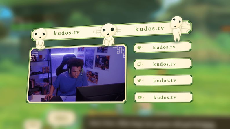 Puede incluir: Un gr&aacute;fico animado verde y blanco con un personaje de dibujos animados y el texto "kudos.tv". El gr&aacute;fico es una pancarta con un streamer de videojuegos jugando a un videojuego en el fondo.