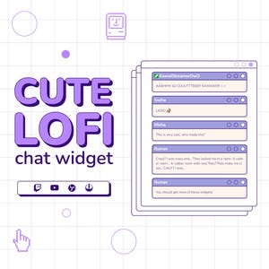 May include: A purple and white chat widget with the text "CUTE LOFi chat widget" and a chat window with messages from Sasha, Misha, and Roman. The chat window has a green checkmark and a purple mouse cursor.