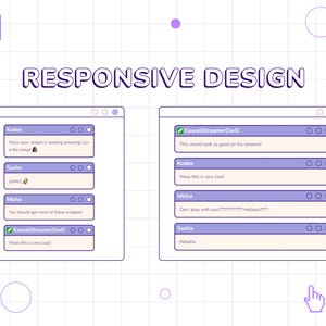 May include: A screenshot of a computer screen showing a chat window with multiple messages. The chat window is divided into sections for different users, including Kudos, Sasha, Misha, and KawaiiStreamerOwO. The messages are displayed in a light purple color on a white background.