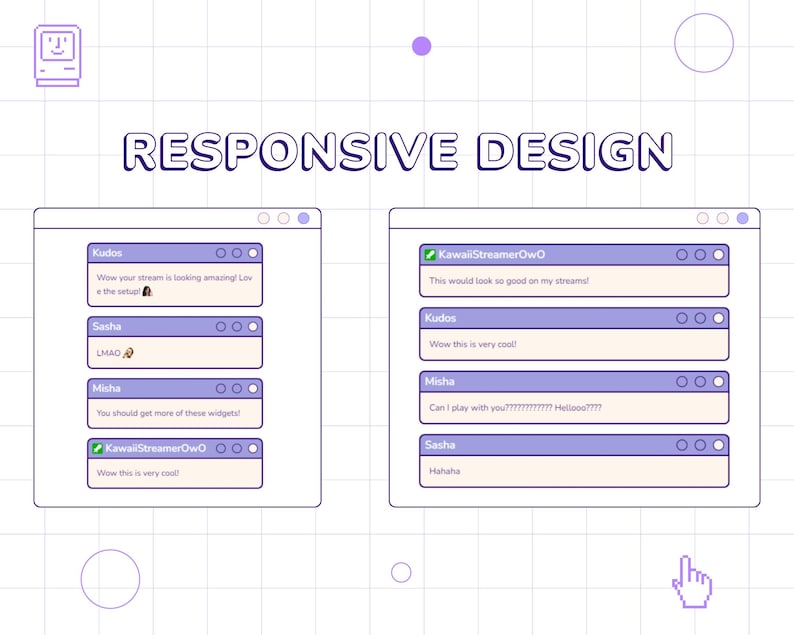 May include: A screenshot of a computer screen showing a chat window with multiple messages. The chat window is divided into sections for different users, including Kudos, Sasha, Misha, and KawaiiStreamerOwO. The messages are displayed in a light purple color on a white background.