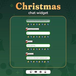 May include: A green Christmas-themed chat widget with a festive garland of lights and a text box for each user. The text reads "Kudos.tv is the best website ever!" and includes the usernames "CreeperKillerzzz", "Misha", and "Melissa".
