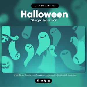 Könnte beinhalten: Animierte Halloween-Stinger-Transition mit transparentem Hintergrund. Die Transition zeigt einen grünen Hintergrund mit mehreren weißen Geistern, die herumschweben. Der Text "Animated Stream Transition" und "Halloween Stinger Transition" befindet sich oben im Bild. Der Text ".WEBM Stinger Transition with Transparent Background for OBS Studio & Streamlabs" befindet sich unten im Bild. Unten im Bild befinden sich Symbole für Twitch, YouTube, Mixer und Discord.