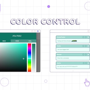 May include: A screenshot of a computer screen showing a color picker tool with a green color selected. The hex code for the color is #0e7662. The screen also shows a chat window with a list of names and messages. The text in the chat window includes "Testing 3rd Party Emojis!" and "Wow this is amazing!"