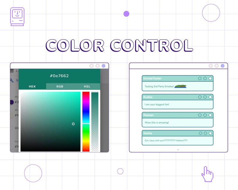 May include: A screenshot of a computer screen showing a color picker tool with a green color selected. The hex code for the color is #0e7662. The screen also shows a chat window with a list of names and messages. The text in the chat window includes "Testing 3rd Party Emojis!" and "Wow this is amazing!"