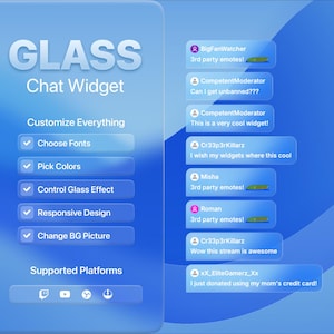 May include: A blue graphic advertising a "GLASS Chat Widget" with customisation options including fonts, colours, and glass effects. The image includes example chat messages and platform icons.