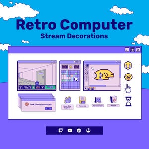 May include: A retro computer screen with a blue background and a purple window. The window has several icons, including a game, a paint program, a web browser, and a file explorer. The text "Retro Computer Stream Decorations" is at the top of the image.