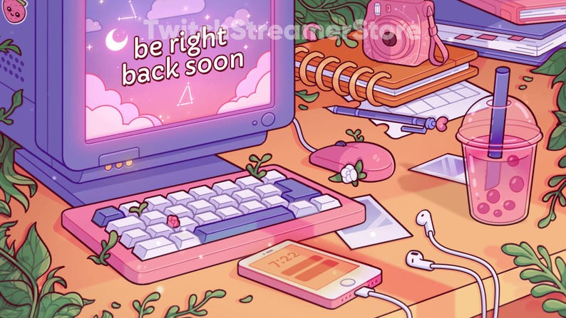 May include: A pink and blue computer monitor with the text "be right back soon" on the screen. The monitor is on a desk with a pink keyboard, a pink mouse, a pink and orange cell phone, a pink and white notebook, a pink camera, a glass of pink boba tea, and green plants.