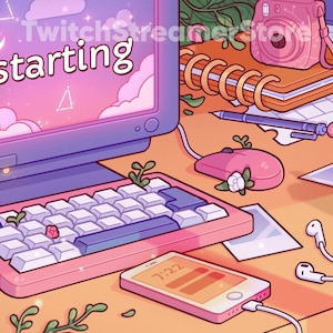 May include: A pink and blue computer monitor with the text "starting" displayed on the screen. The monitor is on a desk with a pink keyboard, a pink mouse, a cell phone, a notebook, a camera, a glass of boba tea, and plants.