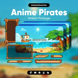 Pacote de sobreposição do Anime Pirates Twitch (ANIMADO) Sobreposições de pixel-art de 1 peça para OBS Studio e Streamlabs