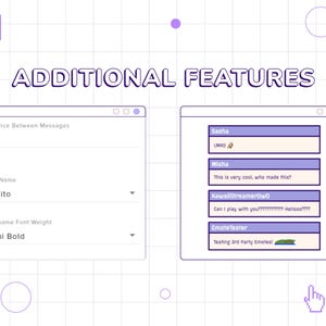 May include: A screenshot of a computer screen showing a chat app interface with customizable features. The user can adjust the distance between messages, choose a font, and set the font weight for usernames. The chat window shows a conversation with three users: Sasha, Misha, and KawaiiStreamerOwO. Sasha says "LMAO", Misha says "This is very cool, who made this?", and KawaiiStreamerOwO says "Can I play with you???????????? Hellooo????". The chat window also shows an emote tester with a green fish emote.