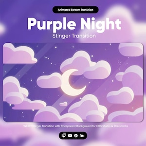 May include: Animated purple night sky with clouds and a crescent moon. The text "Purple Night" and "Stinger Transition" is displayed above the image. The text "WEBM Stinger Transition with Transparent Background for OBS Studio & Streamlabs" is displayed below the image. Social media icons for Twitch, YouTube, Discord, and TikTok are displayed below the text.