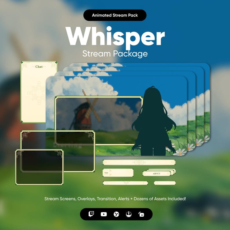 Puede incluir: Paquete de transmisi&oacute;n animado para Twitch o YouTube con la palabra "Whisper" en una fuente verde y blanca. El paquete incluye una variedad de superposiciones, transiciones, alertas y otros activos. La imagen presenta un cuadro de chat verde y blanco, un cuadro de informaci&oacute;n verde y blanco y una pantalla verde y blanca con un molino de viento y una silueta de una persona. La imagen tambi&eacute;n incluye iconos para Twitch, YouTube, Discord y otras plataformas.