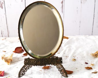 Ancien Miroir Ovale Pivotant Sur Pied – Style Vintage, Bronze Patiné Doré, époque Indéterminée