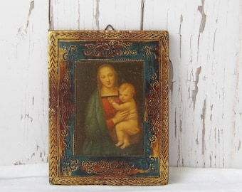 Small Vintage Florentine Madonna and Child Print on Wood