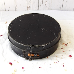 Vintage Round Metal Box with Wooden Peg Fastener