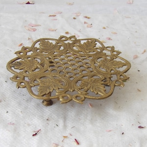 Vintage Brass Trivet with Leaves and Swirls