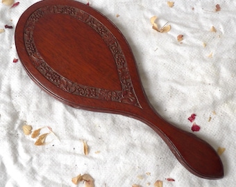 Antique Wooden Hand Mirror with Carved Flowers