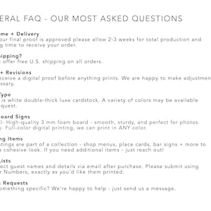Find answers to common questions about custom wedding signage and event décor. Learn about foam board durability, custom sizes, shapes, and colors, plus design options like borders, illustrations, and personalization. Our FAQ covers shipping, turnaround times, installation tips, and how to order the perfect welcome sign, seating chart, or event display. Helpful guidance to make your signage experience simple, stylish, and stress-free.