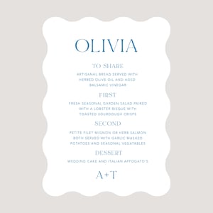 Custom Wedding Dinner Menu: Wave Design, Guest Names Printed