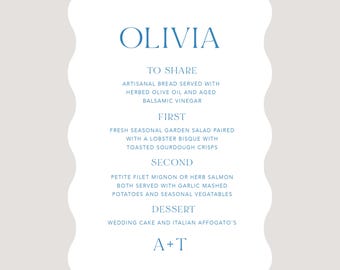 Custom Wedding Dinner Menu: Wave Design, Guest Names Printed