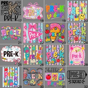 May include: A collection of sixteen graphic designs featuring the text PRE-K, decorated with colorful school supplies, apples, rainbows, stars, and patterns. Each square contains unique illustrations including pencils, backpacks, books, and crayons in various styles.