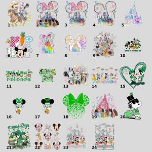 a collection of various Disney-themed illustrations and characters, including Minnie Mouse, Mickey Mouse, Donald Duck, Goofy, and other iconic figures. The illustrations are arranged in a grid format, showcasing a range of scenes and characters from the Disney universe.