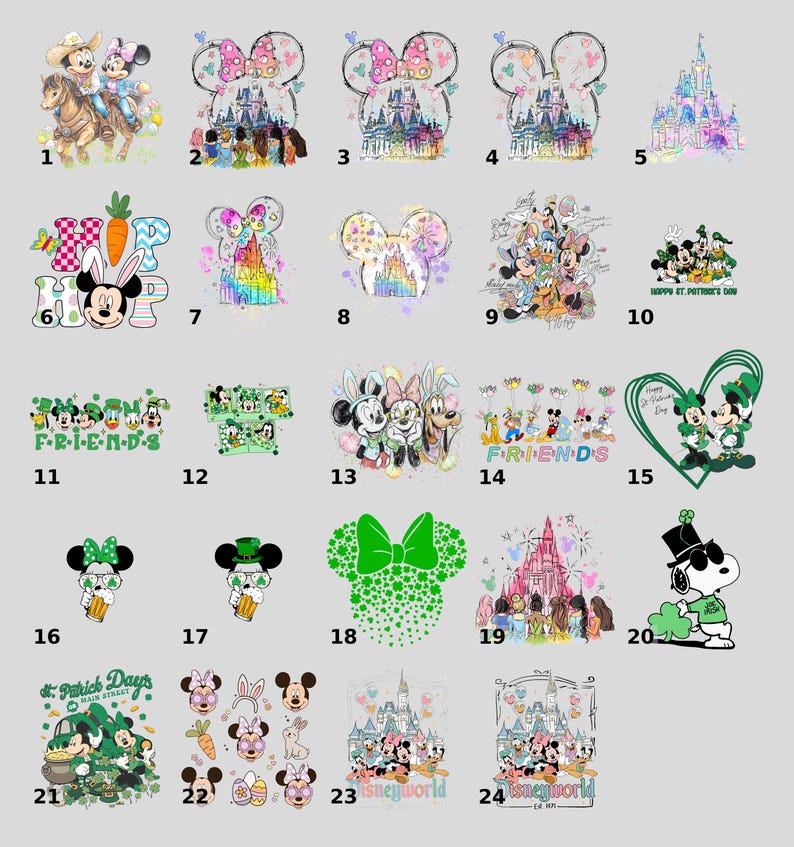 a collection of various Disney-themed illustrations and characters, including Minnie Mouse, Mickey Mouse, Donald Duck, Goofy, and other iconic figures. The illustrations are arranged in a grid format, showcasing a range of scenes and characters from the Disney universe.