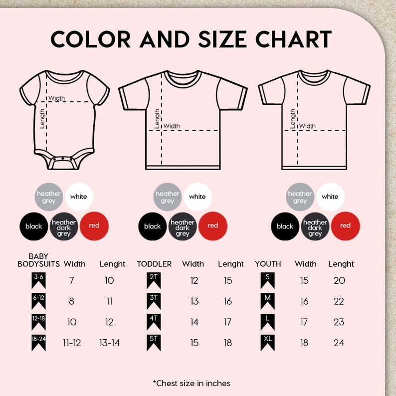 The image is a color and size chart that provides measurements and corresponding color options for baby and toddler clothing items.