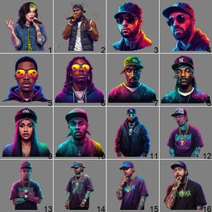 May include: Sixteen digital illustrations of musicians, including rappers and singers. Each portrait showcases a different artist, with varied styles and accessories. The images are set against a grey background.