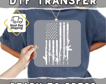 Patriotic Grunge Rifle Flag DTF Transfer for Apparel - Ready to Press Rustic American Design for Veterans & 2nd Amendment Supporters