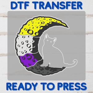 May include: DTF transfer design featuring a gray cat silhouette sitting inside a crescent moon. The moon is colored with yellow, white, black, and purple sections. The text "DTF TRANSFER" and "READY TO PRESS" are in blue.