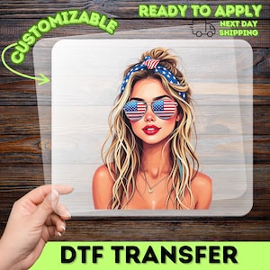 Patriotic Woman American Flag Sunglasses Design, Independence Day Heat Transfer Decal, Bold USA Pride Ready to Press