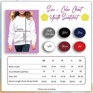 The image is a size chart for a youth sweatshirt, showing the different sizes available in US. The chart includes a photo of a young girl wearing the sweatshirt and provides measurements for each size.