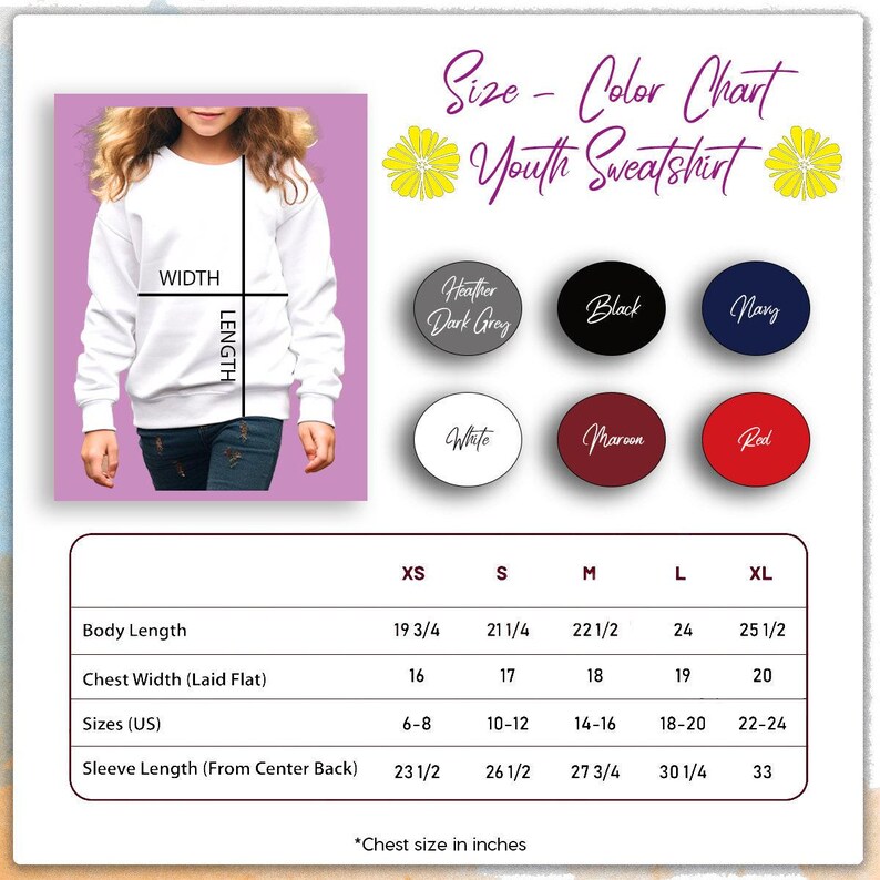 The image is a size chart for a youth sweatshirt, showing the different sizes available in US. The chart includes a photo of a young girl wearing the sweatshirt and provides measurements for each size.