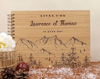 Customizable wooden mountain wedding guest book made of real oak; choose a magnificent winter or autumn wedding decoration.