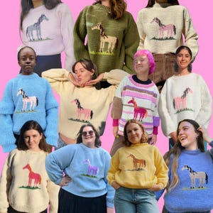 May include: A group of people wearing colorful knitted sweaters with a horse design. The sweaters are in various colors, including blue, pink, green, yellow, and white. The horses are all embroidered on the sweaters and are in different colors and poses.