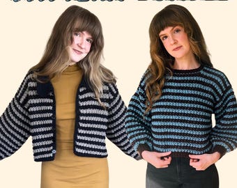 May include: Two women wearing striped crochet sweaters. The sweater on the left is a cropped cardigan with a black button closure. The sweater on the right is a long-sleeved pullover. Both sweaters feature a black and white striped pattern.