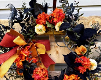 Fall Grapevine Wreath: Velvet Pumpkins, Orange & Gold Decor