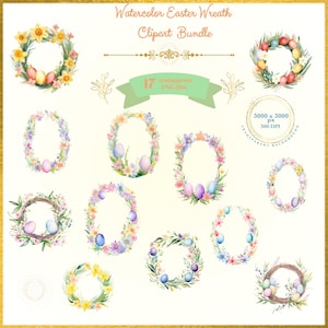 Clipart Couronnes de Pâques Aquarelle, Ensemble PNG Floral Printanier, Fleurs Pastel & Œufs, Cadres de Pâques pour Cartes, Décoration Pâques