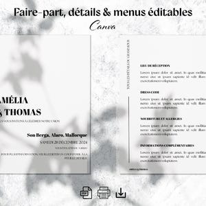 Faire-part, détails et menus prêt à l'impression personnalisable – Modèle élégant et minimaliste, facile à éditer sur Canva